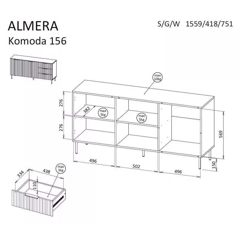 Kumode cama meble ALMERA 156×42×75 cm, valrieksts/kašmirs, 3 atvilktnes, skaidu plāksne