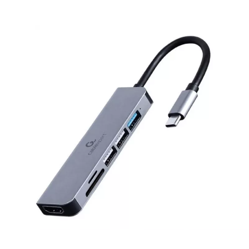 Dokstacija GEMBIRD A-CM-COMBO6-02 — vadu USB 3.2 Gen 1 Type-C, HDMI, 1x USB-A, 2x USB 2.0, SD/MicroSD (≤128 GB), pelēka