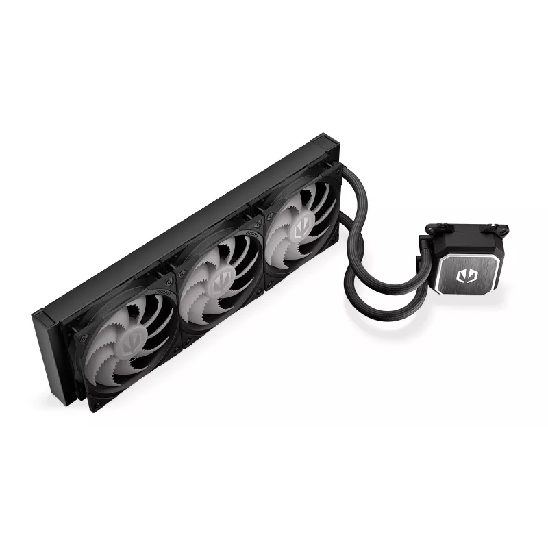 Universāls šķidruma dzesētājs ENDORFY Navis F360 ARGB melns — 360 mm radiators, 3x 120×25 mm ventilatori, 250–1800 apgr./min, sūknis 1600–2600 apgr./min, atbalsta LGA 1700/AM5/AM4