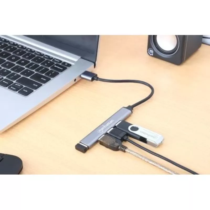 Manhattan USB-A 4-portu centrmezgls, 4x USB-A porti (1x 5 Gbps USB 3.2 Gen1 aka USB 3.0, 3 x 480 Mbps USB 2.0), ar USB barošanu (nav nepieciešams ārējais barošanas avots), alumīnijs