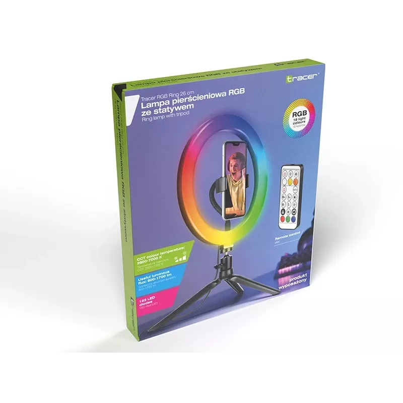 Gredzena lampa RGB 26cm ar statīvu