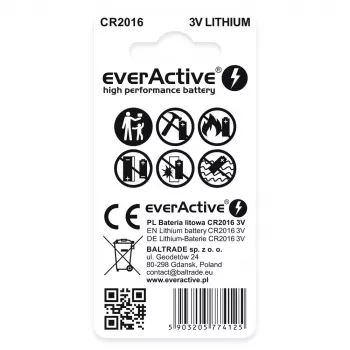 Litija monētas baterija everActive CR2016 — 3V, 20 mm diametrs, 1,6 mm augstums, 2 gab. iepakojumā
