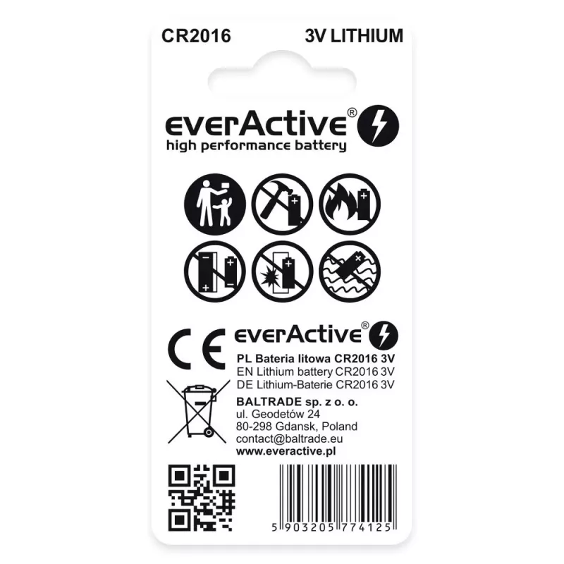 Litija monētas baterija everActive CR2016 — 3V, 20 mm diametrs, 1,6 mm augstums, 2 gab. iepakojumā