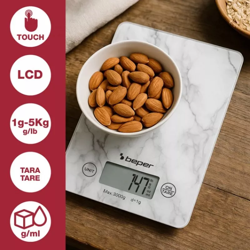 Virtuves svari Beper P102BIL004 - digitālie, 5 kg, 1 g, balts marmors