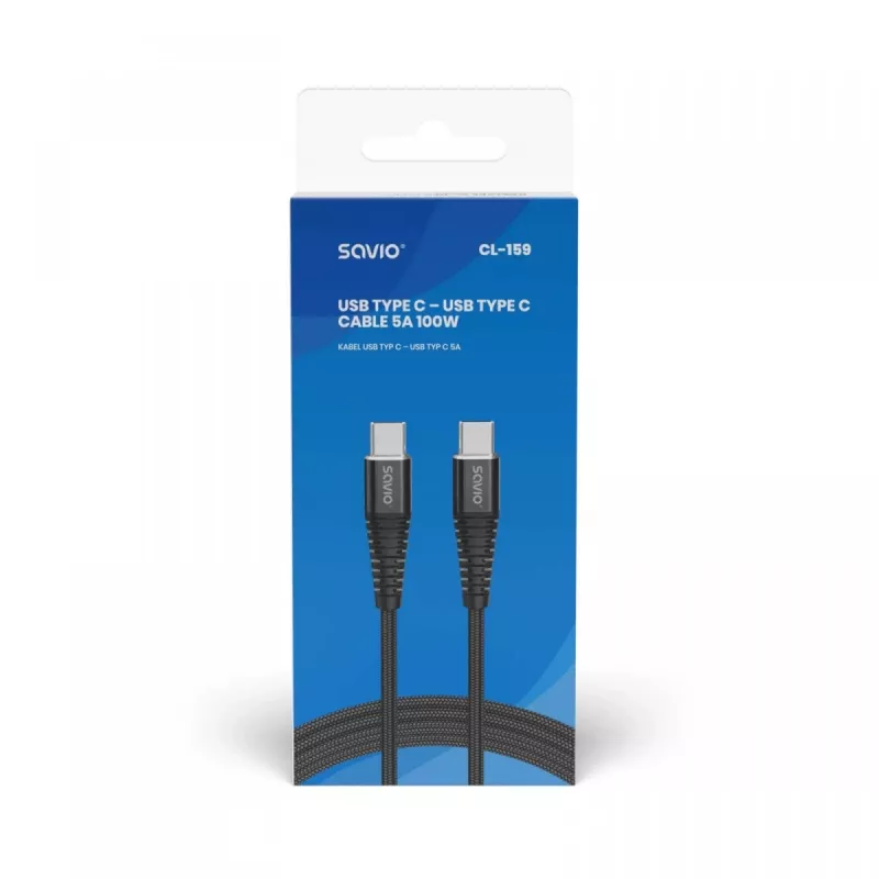 USB C uz USB C kabelis SAVIO CL-159 1 m, USB 2.0 (480 Mbit/s), melns, 2.1 A