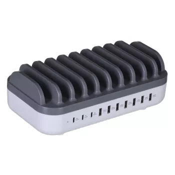 Manhattan Charging Station, 10x Ports: 3x USB-C (up to 18W PD) and 7x USB-A (up to 12W), 120W Total Output, balta/pelēka, Three Year Warranty