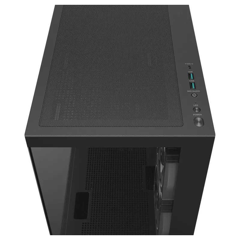 PC Midi Tower DeepCool CG380 3F — Melna, 235×437×451 mm, 2x120 mm sānu + 1x120 mm aizmugurējie ventilatori, apakšējais barošanas bloks, 2,5 collu/3,5 collu HDD