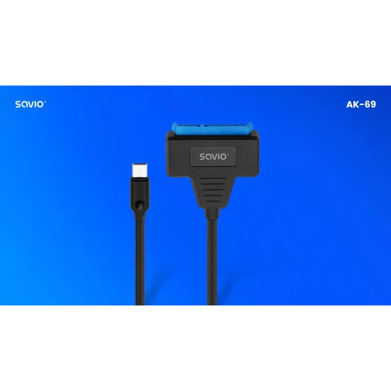 SAVIO SATA uz USB-C saskarnes kabelis AK-69, SATA sieviešu uz USB-C vīriešu, USB 3.2 Gen 1 (5 Gbit/s), 0,25 m, melns