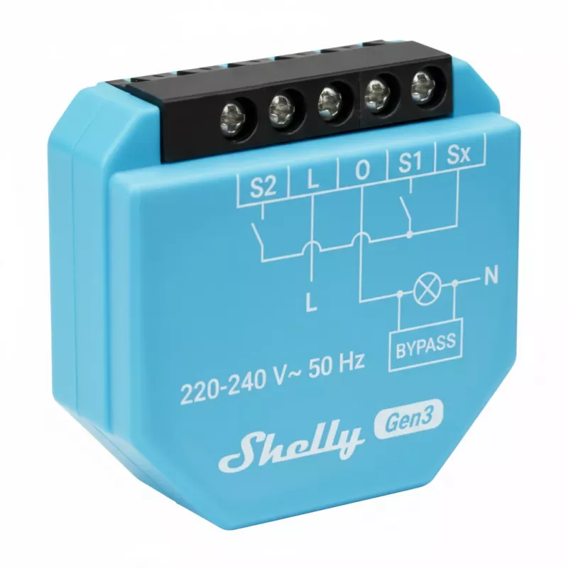 Uz DIN sliedes montējams divu kanālu releju modulis Shelly 2L Gen3, 2 kanāli, Wi‑Fi/Bluetooth, 220–240V maiņstrāva, 50Hz, plastmasas korpuss