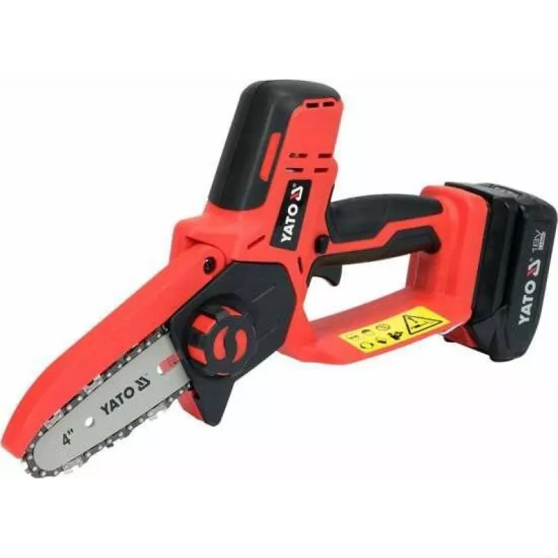 Akumulatora ķēdes zāģis YATO YT-828135 — 18V Li-Ion 2Ah, 10 cm sliede, 3200 RPM, 4,8 m/s ķēdes ātrums, 26 posmi