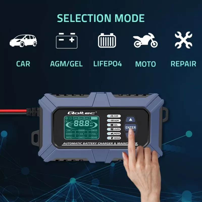 Qoltec viedais mikroprocesoru akumulatoru lādētājs ar akumulatora testeri un 12V atjaunošanas funkciju | 6A | LCD | Akumulatoru lādētājs AGM LiFePO4 GEL akumulatoriem