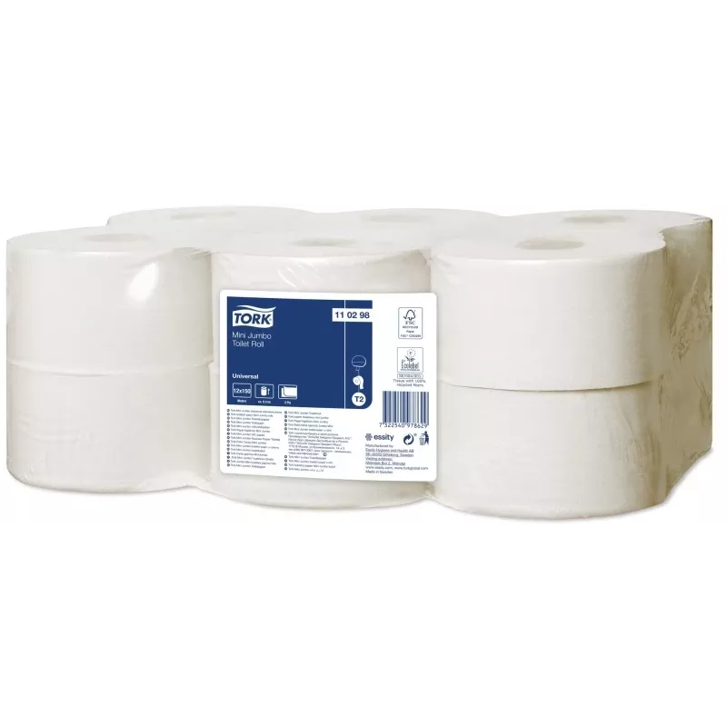 Tualetes papīrs Tork Universal Mini Jumbo T2, 2 kārtas, 9,1 cm x 150 m, balts, 12 gab.