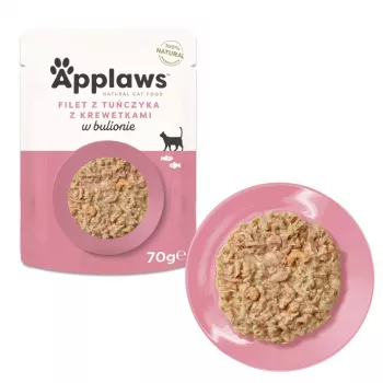 Mitrās kaķu barības paplāte Applaws Tunciņas fileja 70 g — pieaugušiem kaķiem, 16% olbaltumvielu, 80% mitruma, zivju garša