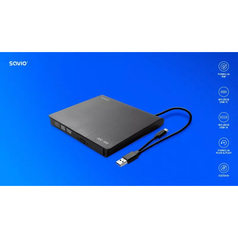 SAVIO AK-59 Ārējais plānais CD/DVD ierakstītājs R/RW - USB-C/USB-A, melns