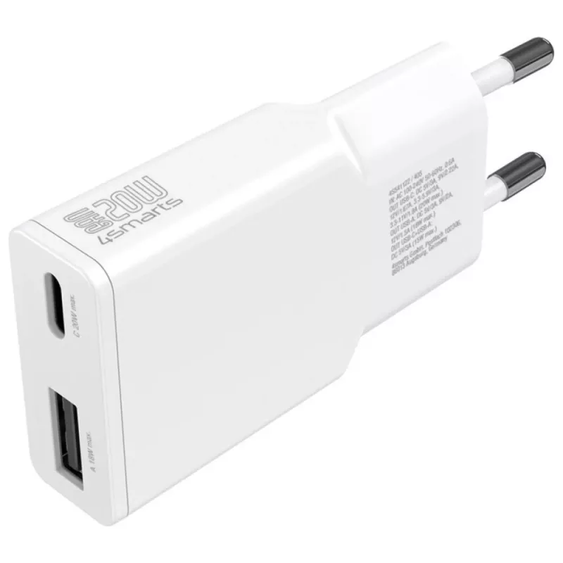 Mobilās ierīces lādētājs 4smarts 541509 — 100–240V, USB-A + USB-C, 1,5 m kabelis, ātrā uzlāde, balts