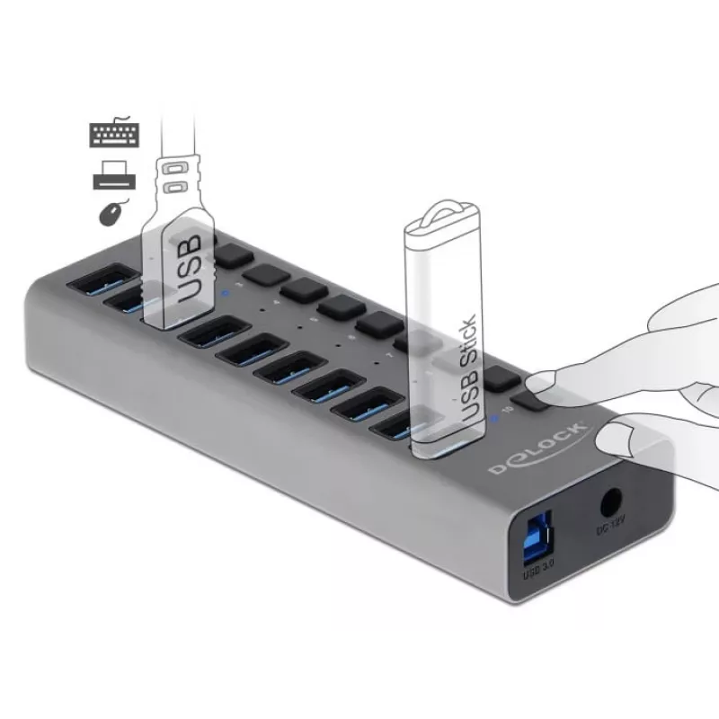 DeLOCK ārējais 5 Gbps USB centrmezgls ar 10 portiem + slēdzis