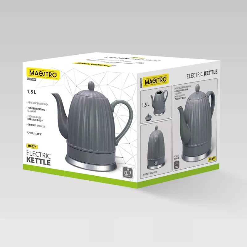 Elektriskā tējkanna Maestro MR-077, 1,5 L, 1500 W, keramikas korpuss, pelēka