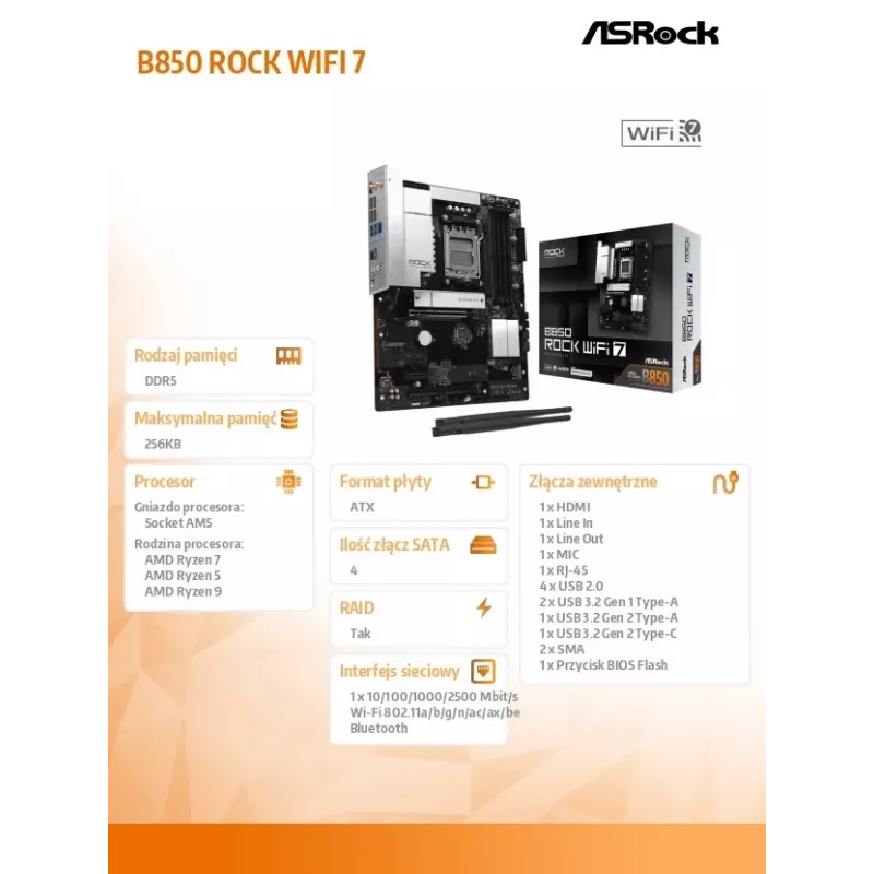 ASRock B850 Rock WiFi 7 mātesplate, AMD Socket AM5, ATX, DDR5, Wi-Fi 7