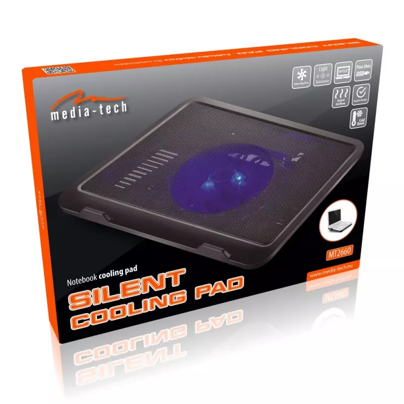 Dzesēšanas paliktnis MEDIA-TECH MT2660 — ar USB darbināms klēpjdatora dzesētājs, 1 ventilators 13,5 cm, 20 CFM, 1000 RPM, 330×250×40 mm, 327 g, fona apgaismojums