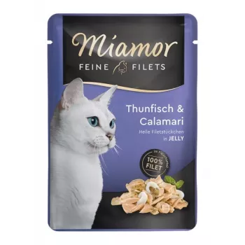 Mitrā kaķu barība Miamor Fine Fillets in Jelly — tuncis 100 g, bez graudiem, paciņa