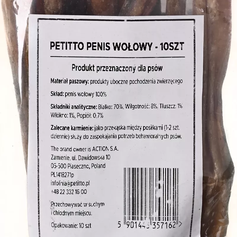 Suņu košļājamās našķes PETITTO Liellopu dzimumloceklis, 10 gab. iepakojumā — liellopu gaļas košļājamās našķes zobu kopšanai