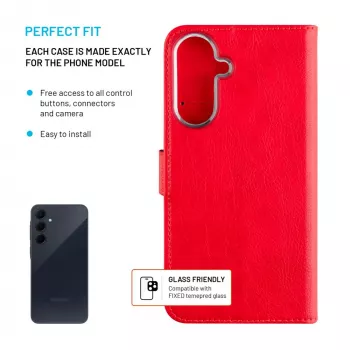FIXED ādas grāmatveida vāciņš Samsung Galaxy A36 5G — sarkans, priekšpuses un aizmugures aizsardzība, precīzi izgriezumi