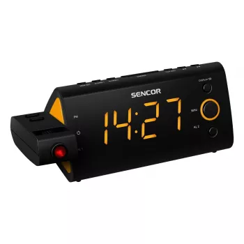 Pulksteņa radio SENCOR SRC 330 OR — FM pulksteņa radio ar 1,2 collu LED displeju, dubulto modinātāju, sarkanu 180° projekciju, iekštelpu temperatūru, baterijas rezerves barošanu