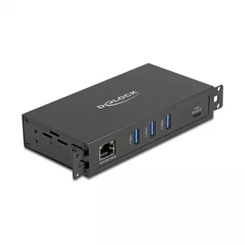 DELOCK USB centrmezgls, 3 pieslēgvietas, 5 Gbps, ar RJ45 Gigabit PoE++ un USB Type-C saimniekdatora pieslēgvietu, metāla korpuss, 1,5 kV izolācija, melns
