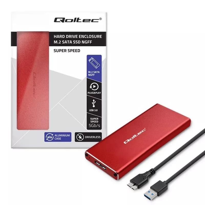 SSD korpuss QOLTEC 51831 USB 3.0 M.2 SATA diskiem līdz 2TB, sarkans, atbalsta 30 mm garumu, līdz 4 diskiem