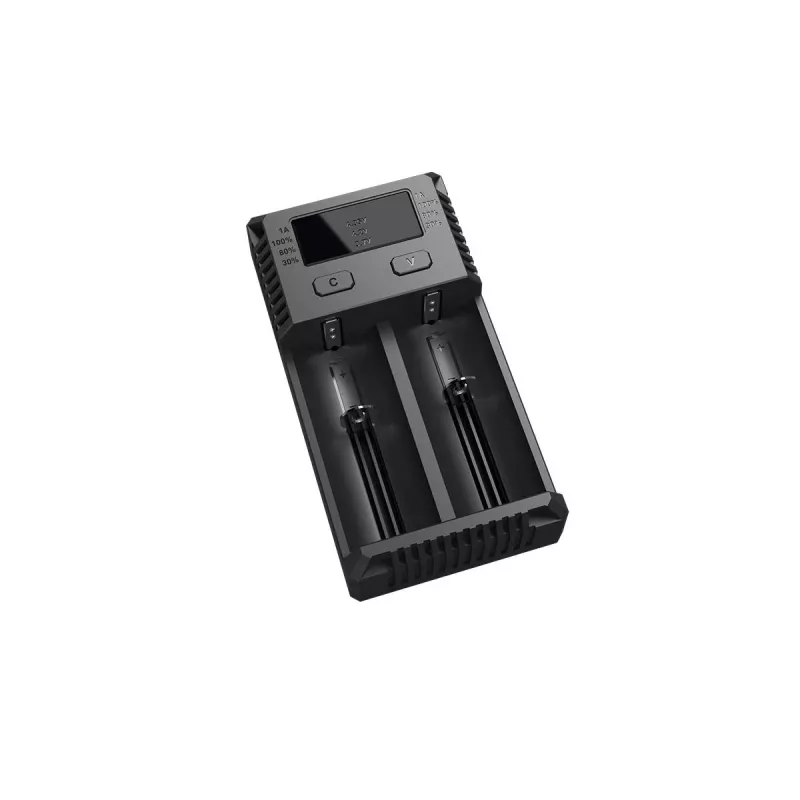 Bateriju lādētājs Nitecore NEW i2 — 2 vietu lādētājs LiFePO4, Li-Ion, NiMH baterijām; ieeja 100–240V; izeja 9–12V; piemērots AAAA/C/D/AAA/AA; melns