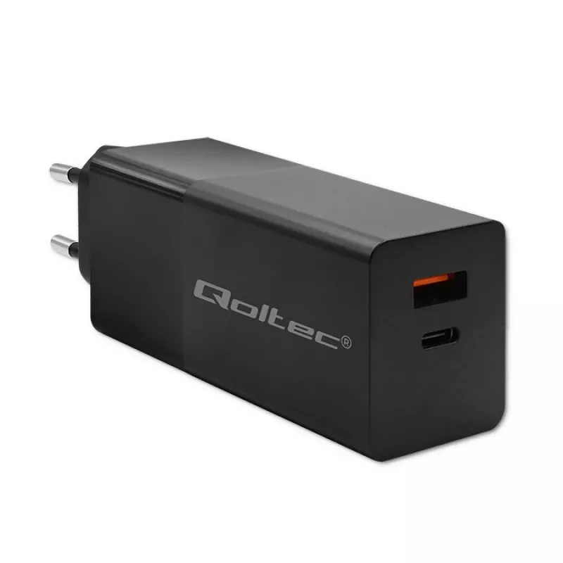 Qoltec 52382 GaN POWER PRO lādētājs | 1xUSB Type-C | 1xUSB A | 100W | 5-20V | 1.5-5A | PD | Melns