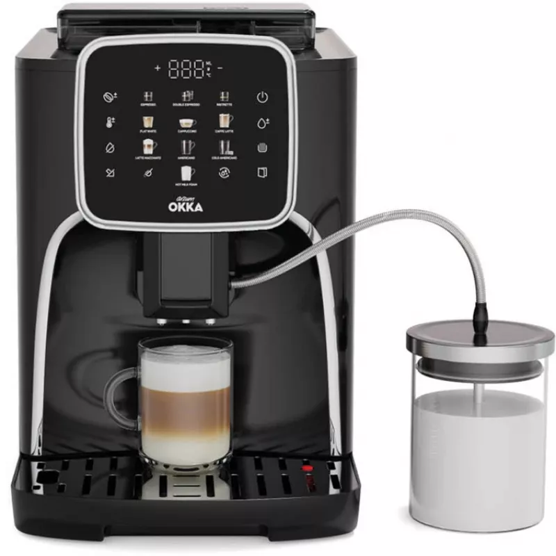 Pilnībā automātiska espresso kafijas automāts Arzum Okka Espresso Pro M melnā/hromētā apdarē ar piena tvertni