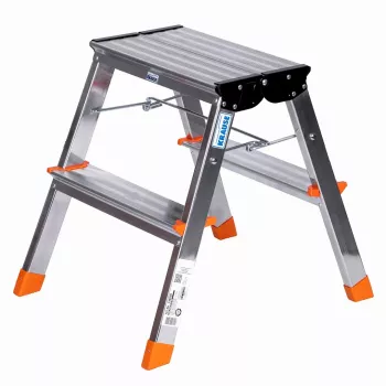 Saliekamās pakāpienu kāpnes Krause Treppy Silver 130020 — alumīnija, 2 pakāpieni, 150 kg ietilpība, salocītas 55×20 cm, svars 2 kg
