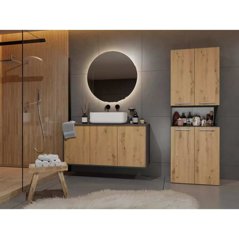 Vannas istabas uzglabāšanas skapis Top e Shop NEL 2K DK ANT/ART KP — Grafīts/Ozols, brīvi stāvošs, 600×300×1740 mm, 3 plaukti