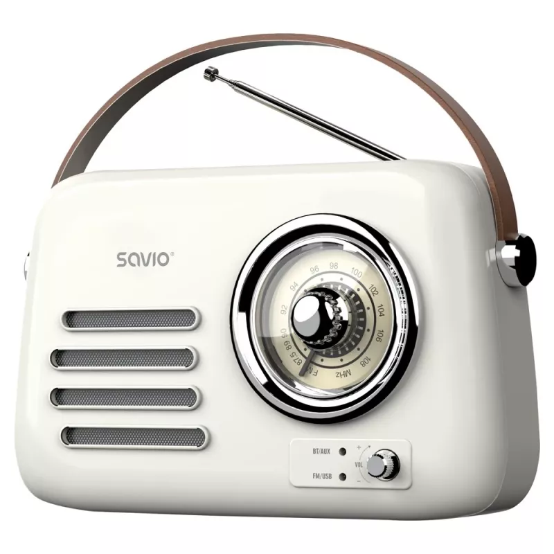 Portatīvais radio SAVIO RS-02 — analogais FM skaņotājs, Bluetooth 5.3, USB barošana, 3 W, balts