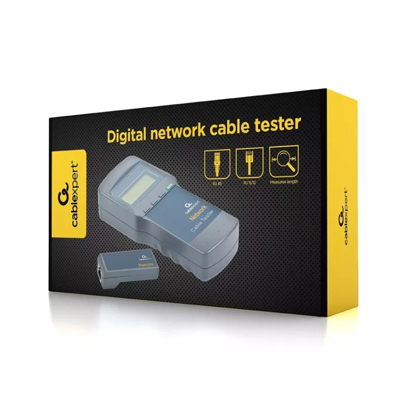 Tīkla kabeļu testētājs GEMBIRD NCT-31 — nepārtrauktības testētājs ar LCD, RJ-11/RJ-12/RJ-45 atbalsts, melns