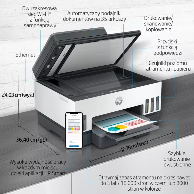 HP Smart Tank 750 daudzfunkciju printeris ar nepārtrauktu krāsu tinti, Wi-Fi, Smart App, automātisku abpusējo druku, ADF automātisko dokumentu padevēju