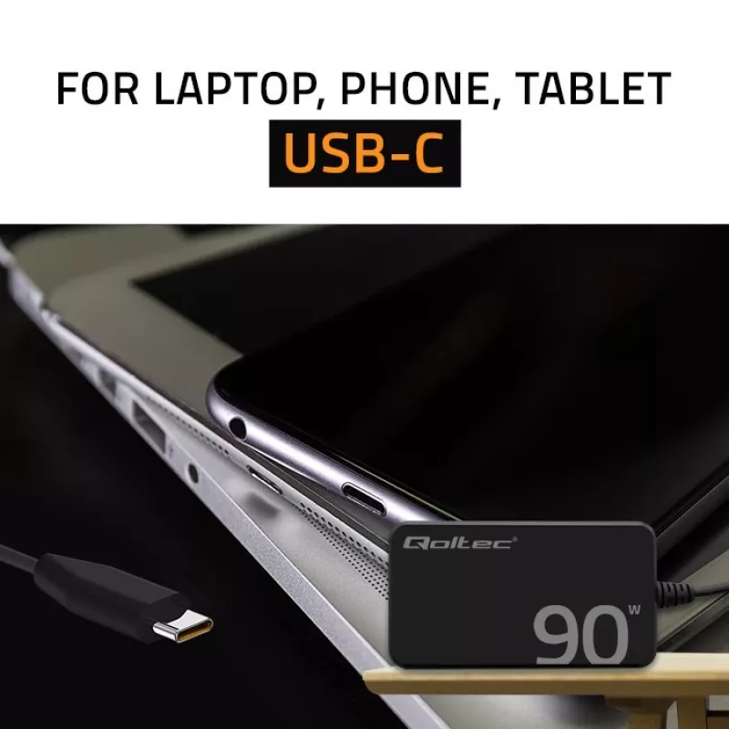 Qoltec 90W GaN Super Fast SLIM sienas lādētājs | XP | 5-20V | 4.5A | USB-C 3.1 | Portatīvais dators | MacBook | Viedtālrunis | + kabelis