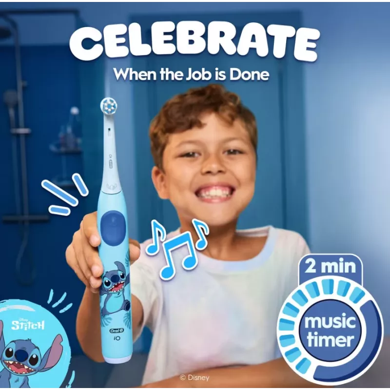 Oral-B elektriskā zobu birste ar ceļojuma maciņu, 6G+ | iO Kids Disney Stitch | uzlādējama | Bērniem | Iekļauto birstes galviņu skaits 1 | Zobu tīrīšanas režīmu skaits 3