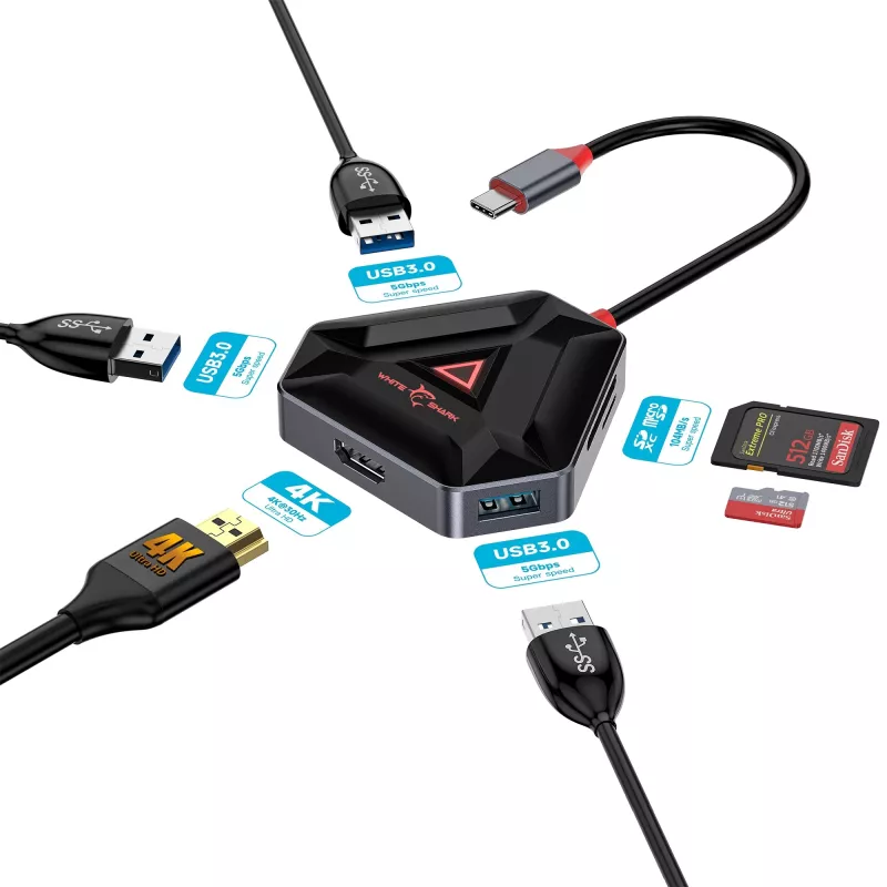USB-C centrmezgls SBOX HEXAGON 6-in-1 ar HDMI un Ethernet, Type-C balts