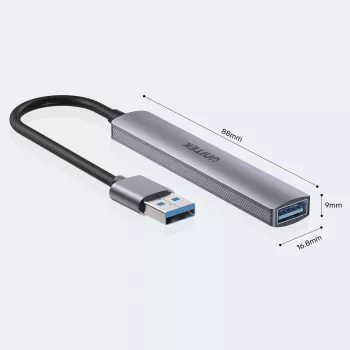 USB centrmezgls Unitek H1208A — 4 porti (1 × USB 3.2 Gen 1 Type-A, 3 × USB 2.0), alumīnija korpuss, pelēks, 0,20 m kabelis