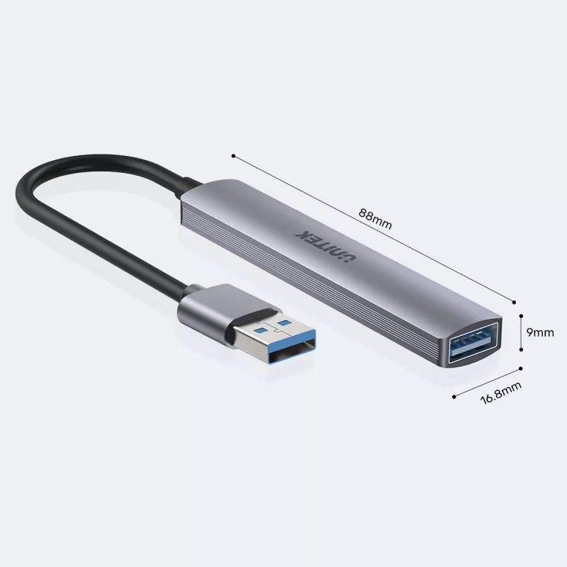 Unitek H1208A USB-A sadalītājs, 4 porti (1x USB-A 5 Gbps, 3x USB-A 2.0), alumīnijs, sudraba