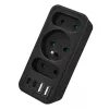 Strāvas sadalītājs MACLEAN MCE248 F/B — 3 maiņstrāvas rozetes (1x16A, 2x6A) un 4 USB porti (2xUSB‑A, 2xUSB‑C PD 20W), ES spraudnis, melns