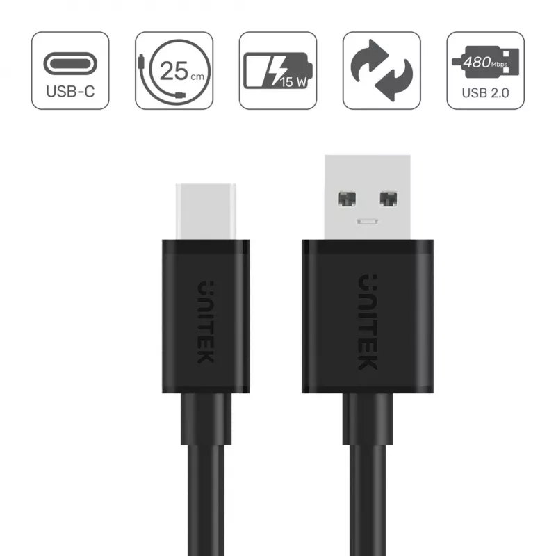 UNITEK USB KABELIS USB-A — USB-C 25CM, Y-C480BK