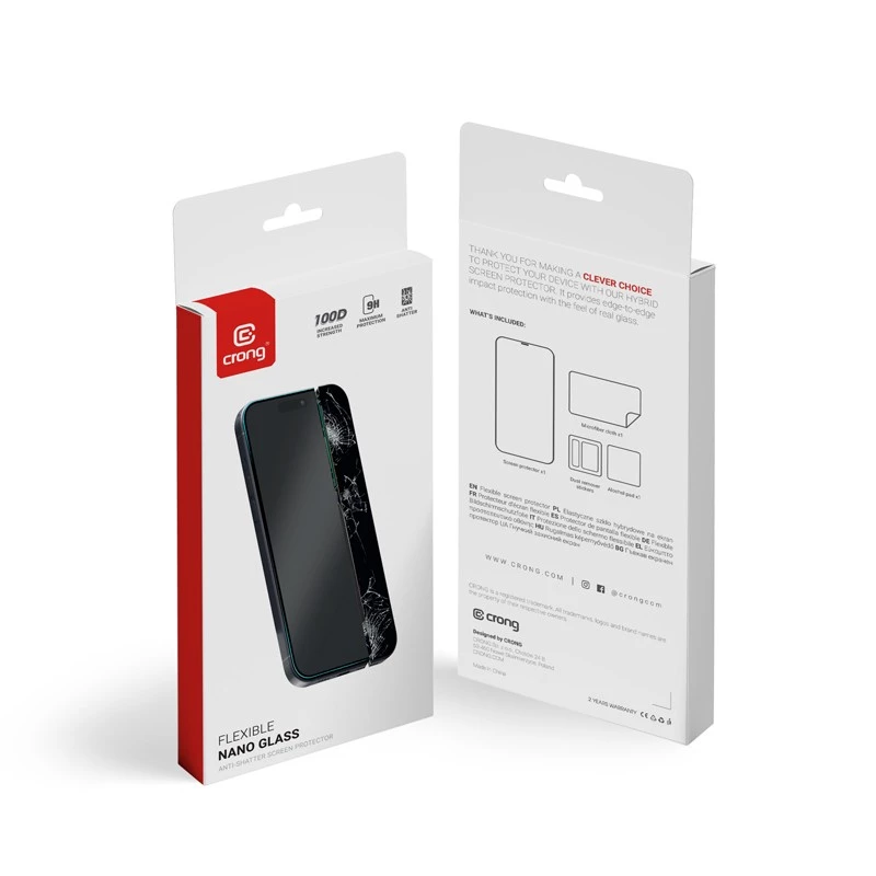 Rūdīta hibrīda stikla ekrāna aizsargs Crong iPhone 15 CRG-NANO-IP61 9H cietība pret skrāpējumiem