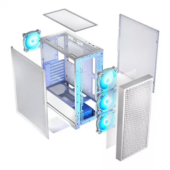 PC korpuss LOGIC Dart Pro Midi ARGB balts — Midi Tower, ATX, 456×200×385 mm, maks. GPU 34 cm, CPU dzesētāja augstums 155 mm, 3x120mm priekšā + 1x120mm aizmugurē, USB 3.0 x2, USB-C x1
