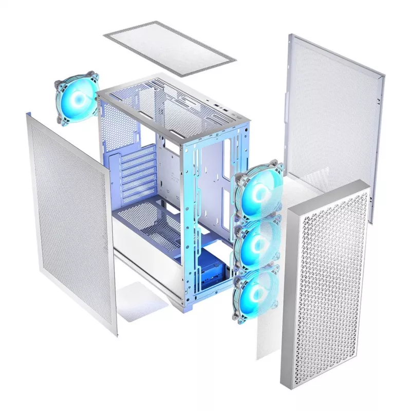 PC korpuss LOGIC Dart Pro Midi ARGB balts — Midi Tower, ATX, 456×200×385 mm, maks. GPU 34 cm, CPU dzesētāja augstums 155 mm, 3x120mm priekšā + 1x120mm aizmugurē, USB 3.0 x2, USB-C x1