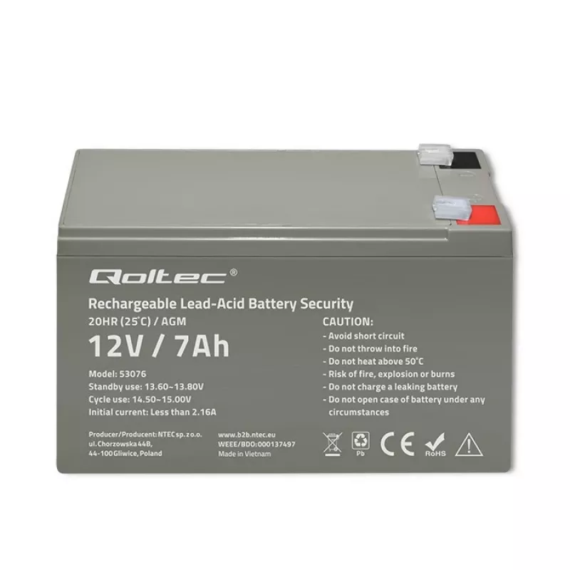 Qoltec 53076 AGM akumulators | 12V | 7Ah | Drošība