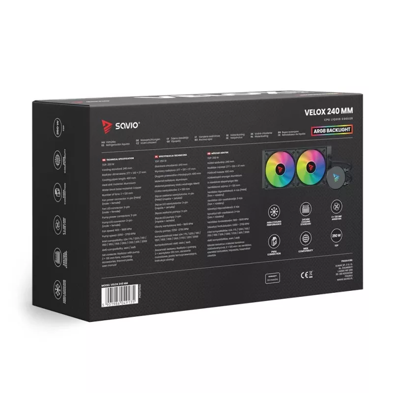 Šķidruma dzesēšanas komplekts SAVIO VELOX 240 mm melns — 240 mm radiators, 205 × 450 mm, 2 ventilatori, TDP 250 W