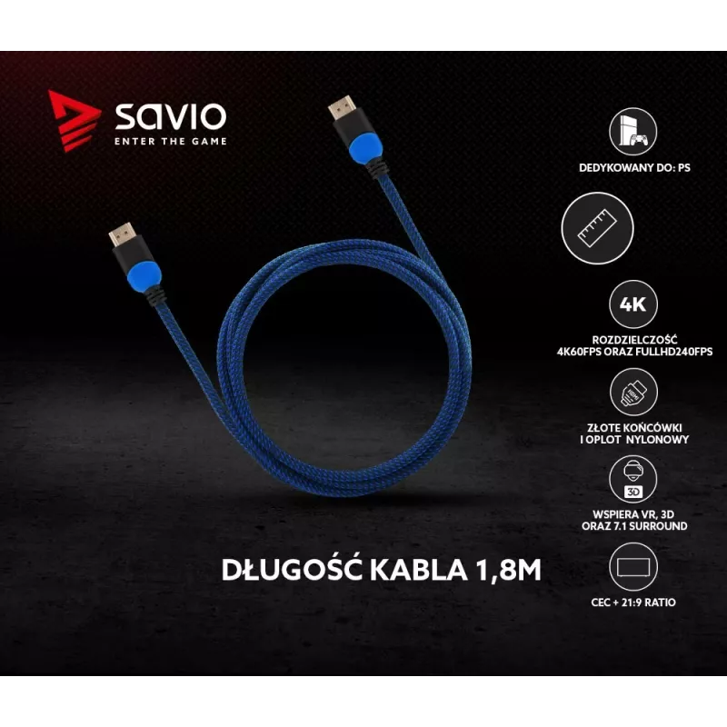 Savio GCL-02 HDMI kabelis 1,8 m HDMI Type A (standarta) Melns,Zils